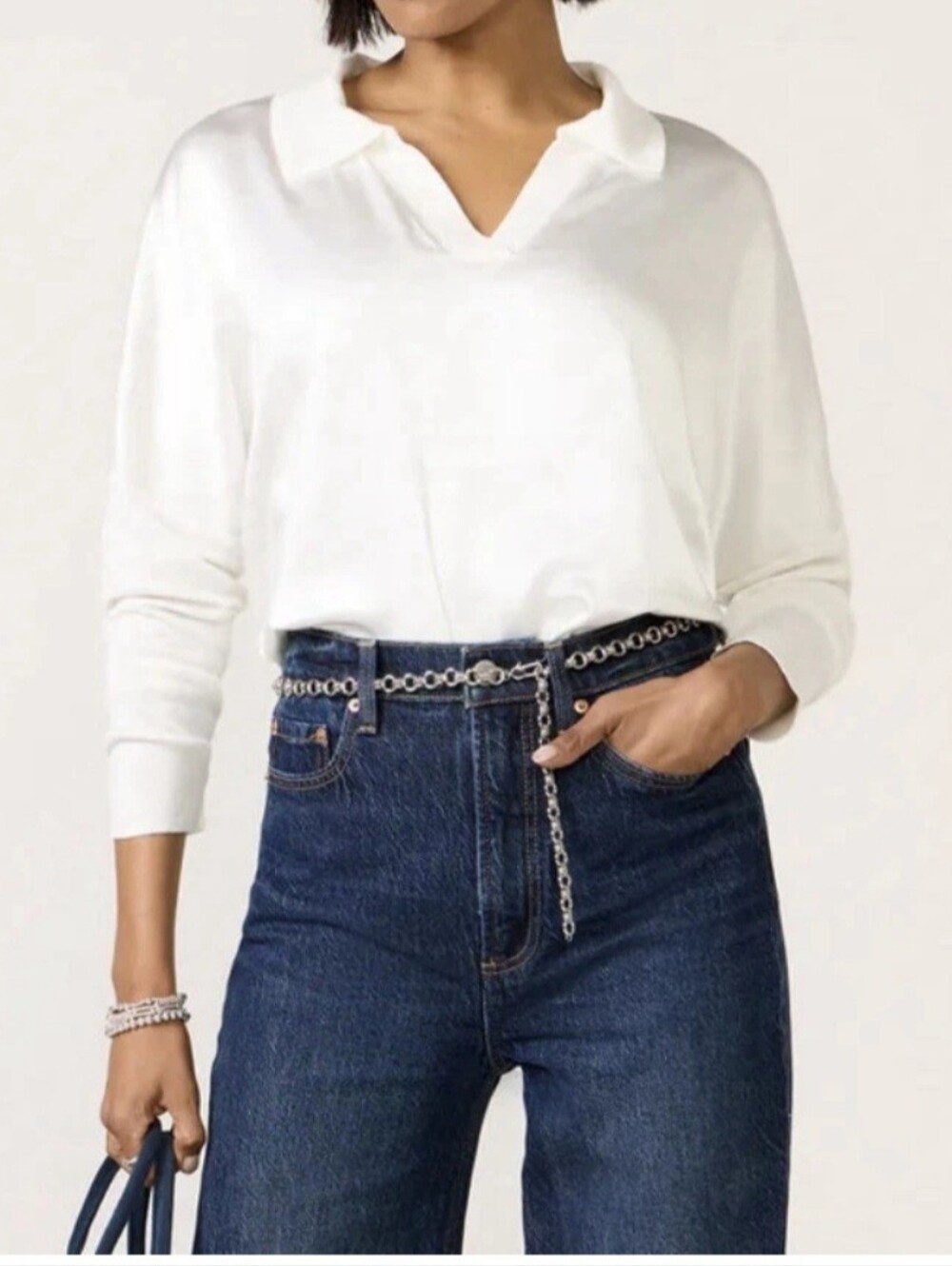 Meliss Nepton Satin Mix White V-Neck Collared Pullover Top M